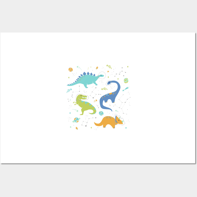 Space Dinosaurs in Orange + Blue Wall Art by latheandquill